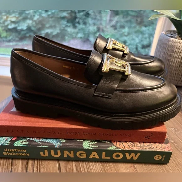 🧶Dissona NWOB Black Leather Lug Sole Loafers Gold Buckle Size EU 40 + Free Gift